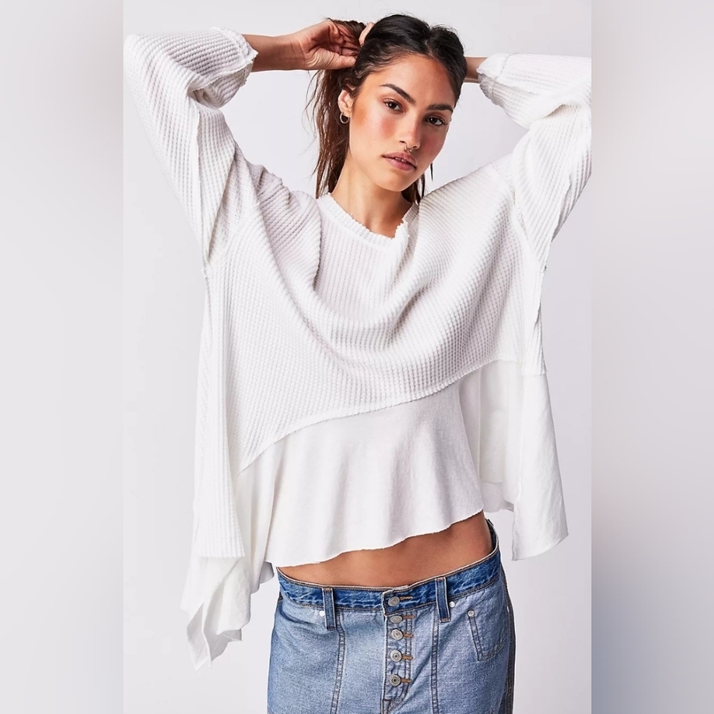 Free People White Asymmetric Waffle Knit Top Longsleeve